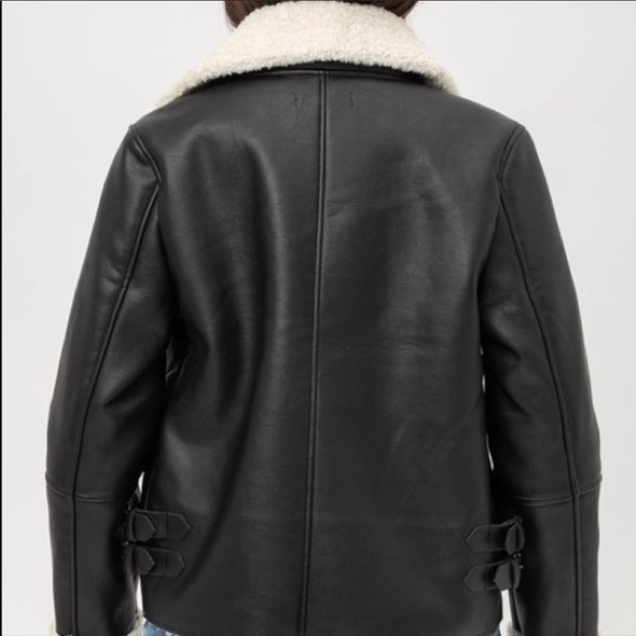 Black Shearling Zip up Leather Moto Jacket - Picture 4 of 6